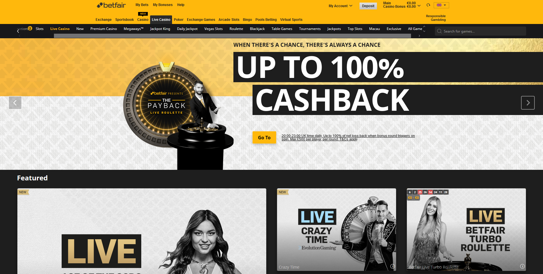 betfair live casino ruleta blackjack 100% cashback devolución de dinero crazy time live casino