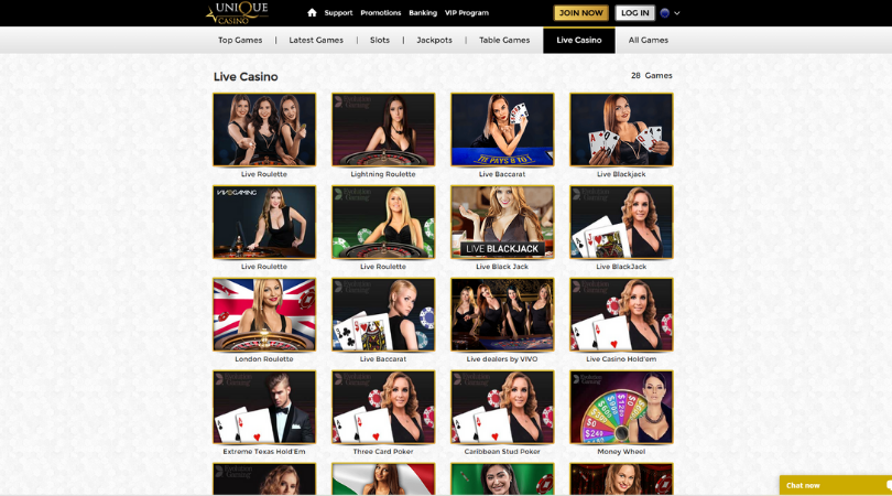 unique casino live casino - blackjack roulette baccarat poker