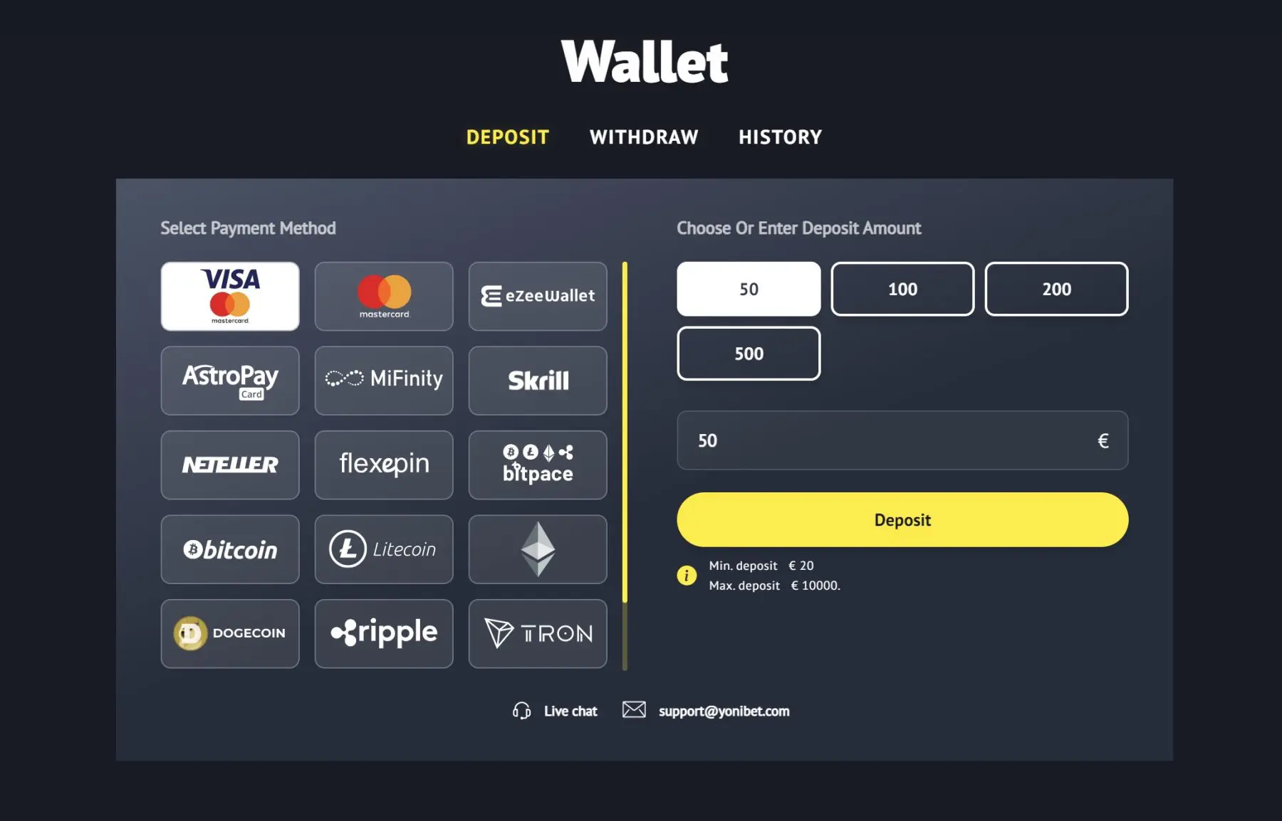 yonibet métodos de pago visa mastercard criptomonedas bitcoin ethereum skrill 