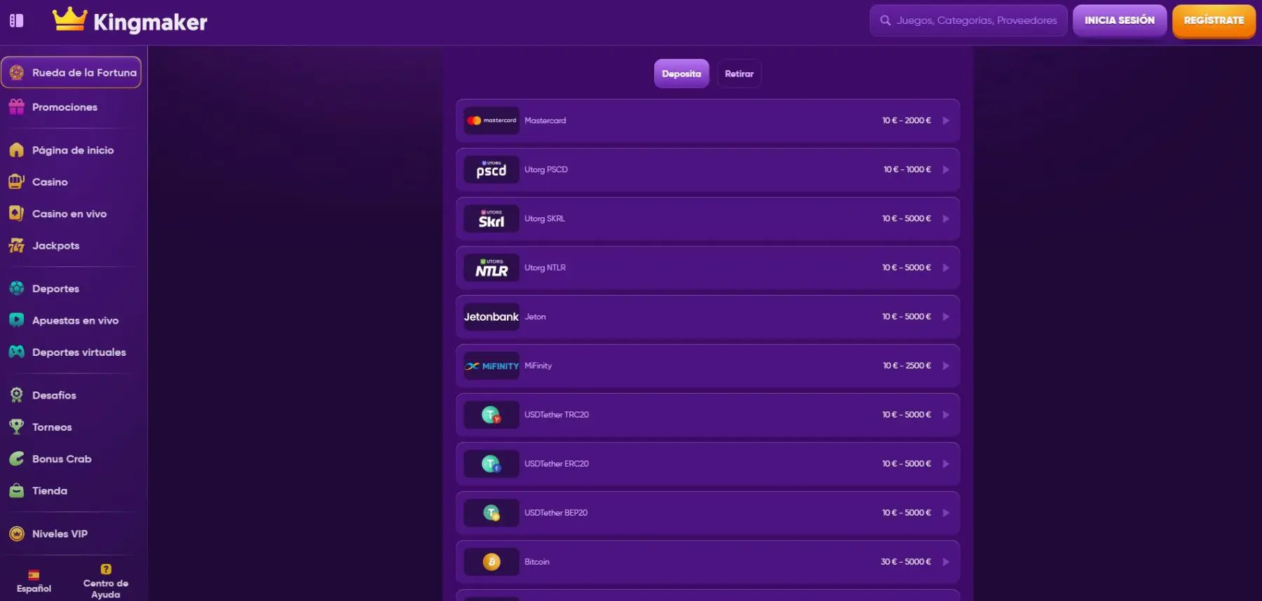 Opciones de Depósito depositar-en-kingmaker