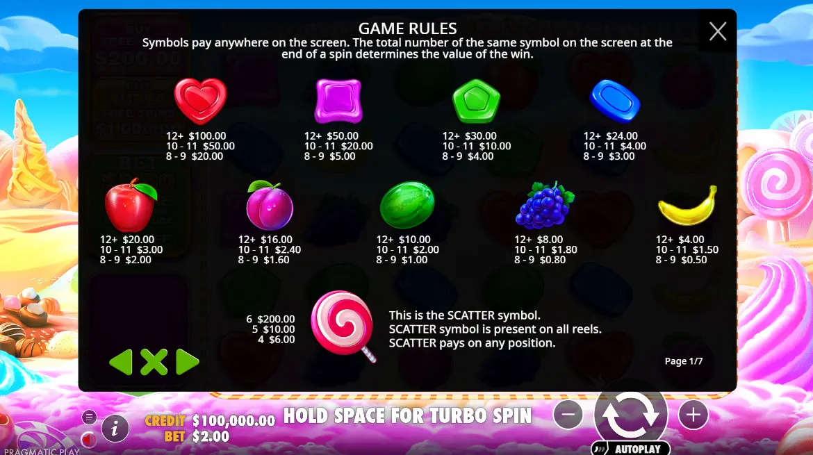 Símbolos y Tabla de Pagos Sweet-Bonanza-1000-simbolos-y-pagos